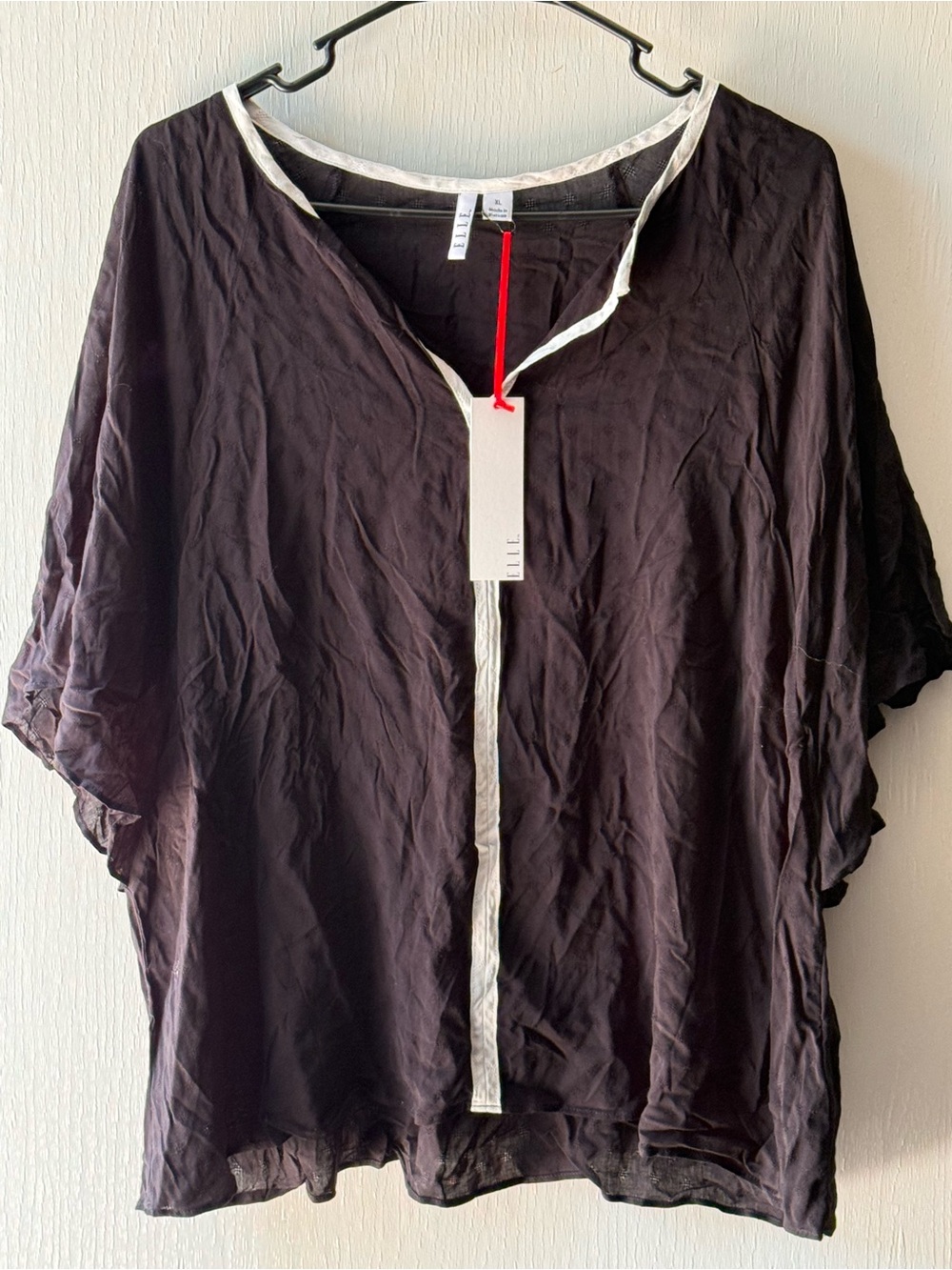 Elle Black Blouse with White Trim and Red Accent